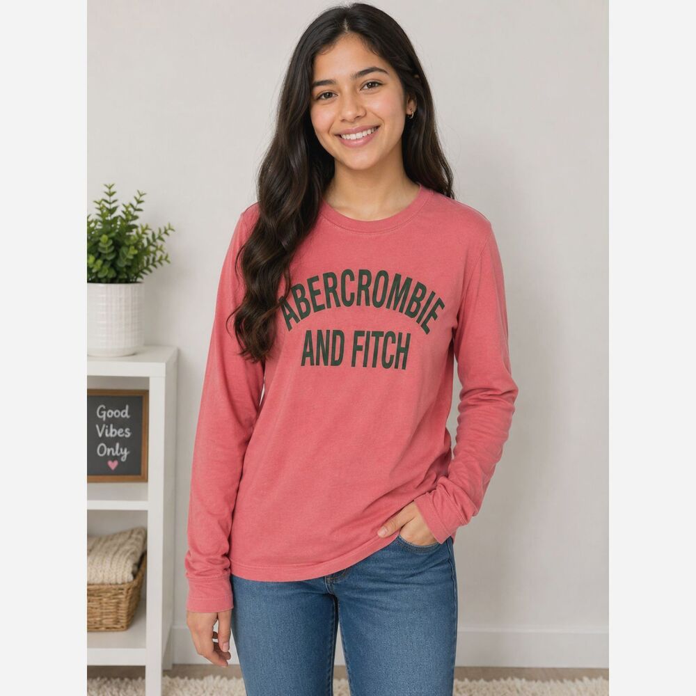 Abercrombie & Fitch Girls L Melon Pink Long Sleeve Logo Tee 100% Cotton #19